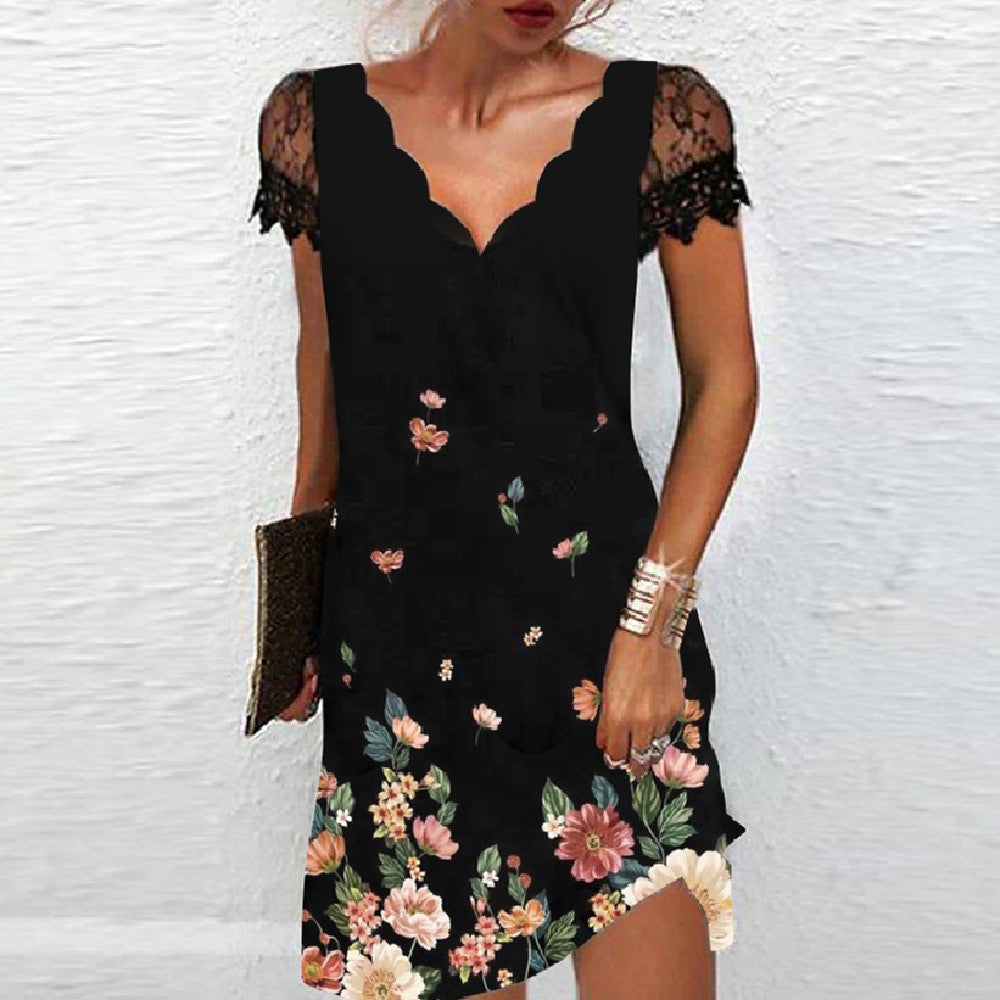 Women's Fashion Lace V-neck Short Sleeve Dress