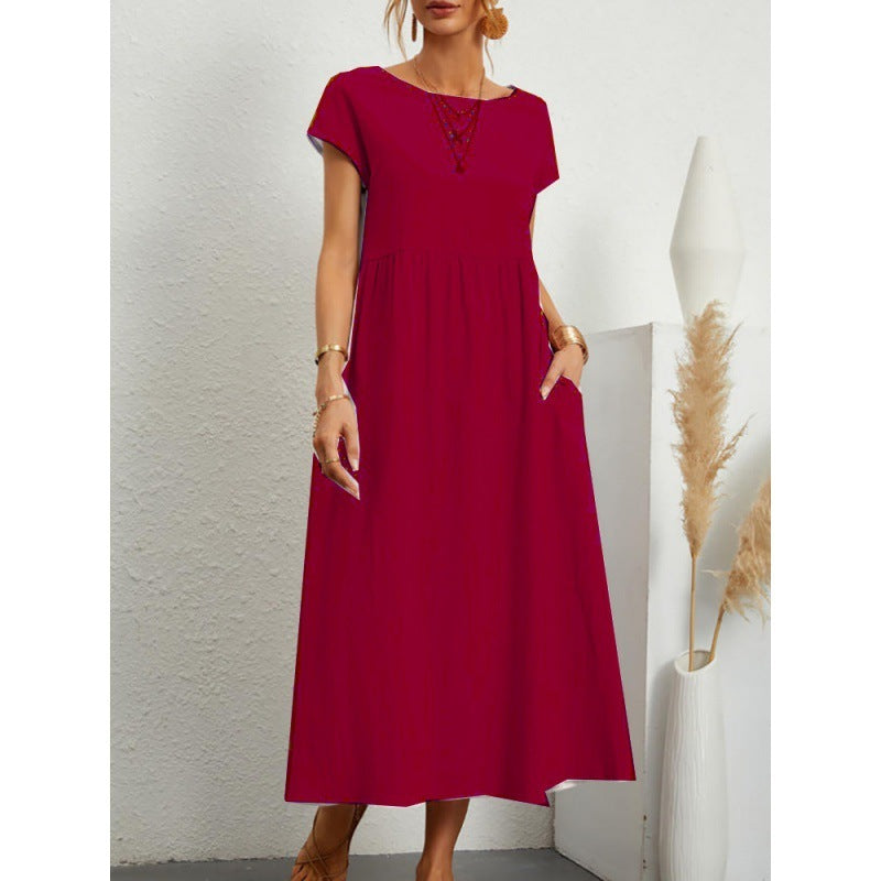 Solid Color Short Sleeved Loose Cotton And Linen Dress With Pockets