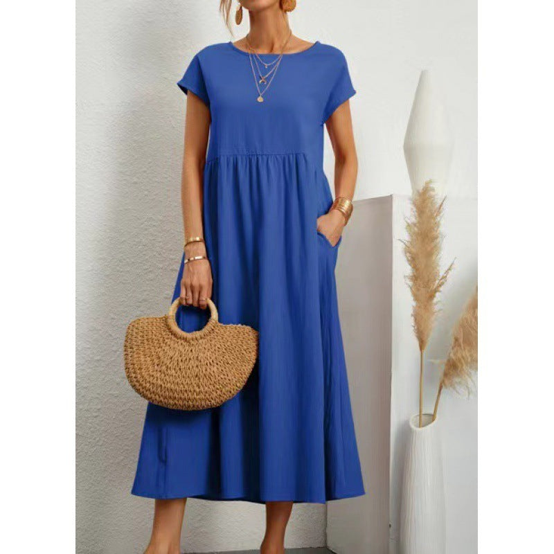 Solid Color Short Sleeved Loose Cotton And Linen Dress With Pockets