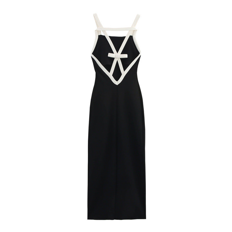 Personality Fashion Color Contrast Elastic Hanging Collar Dress