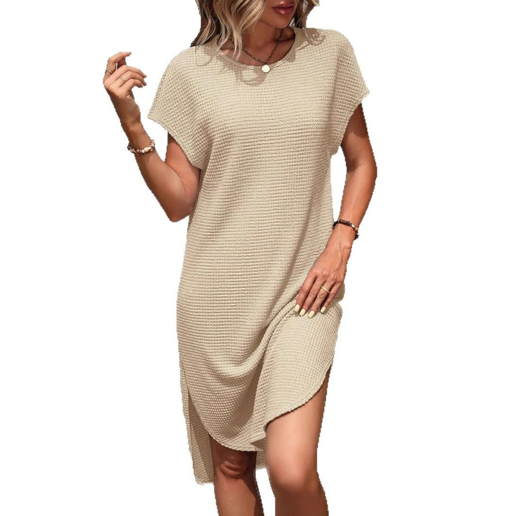 New Solid Color Casual Loose Waffle Dress Women
