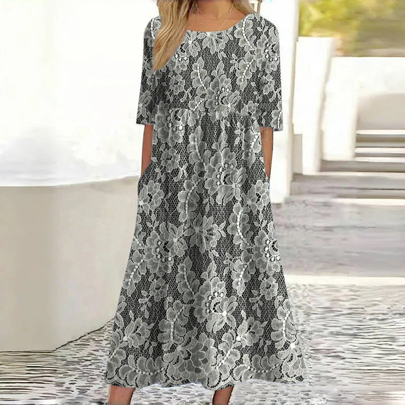 Elegant Dress Lace Printed Round Neck