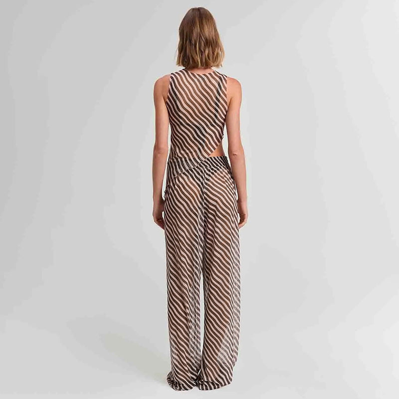 Women's Sleeveless Diagonal Stripes See-through Irregular Top Suit