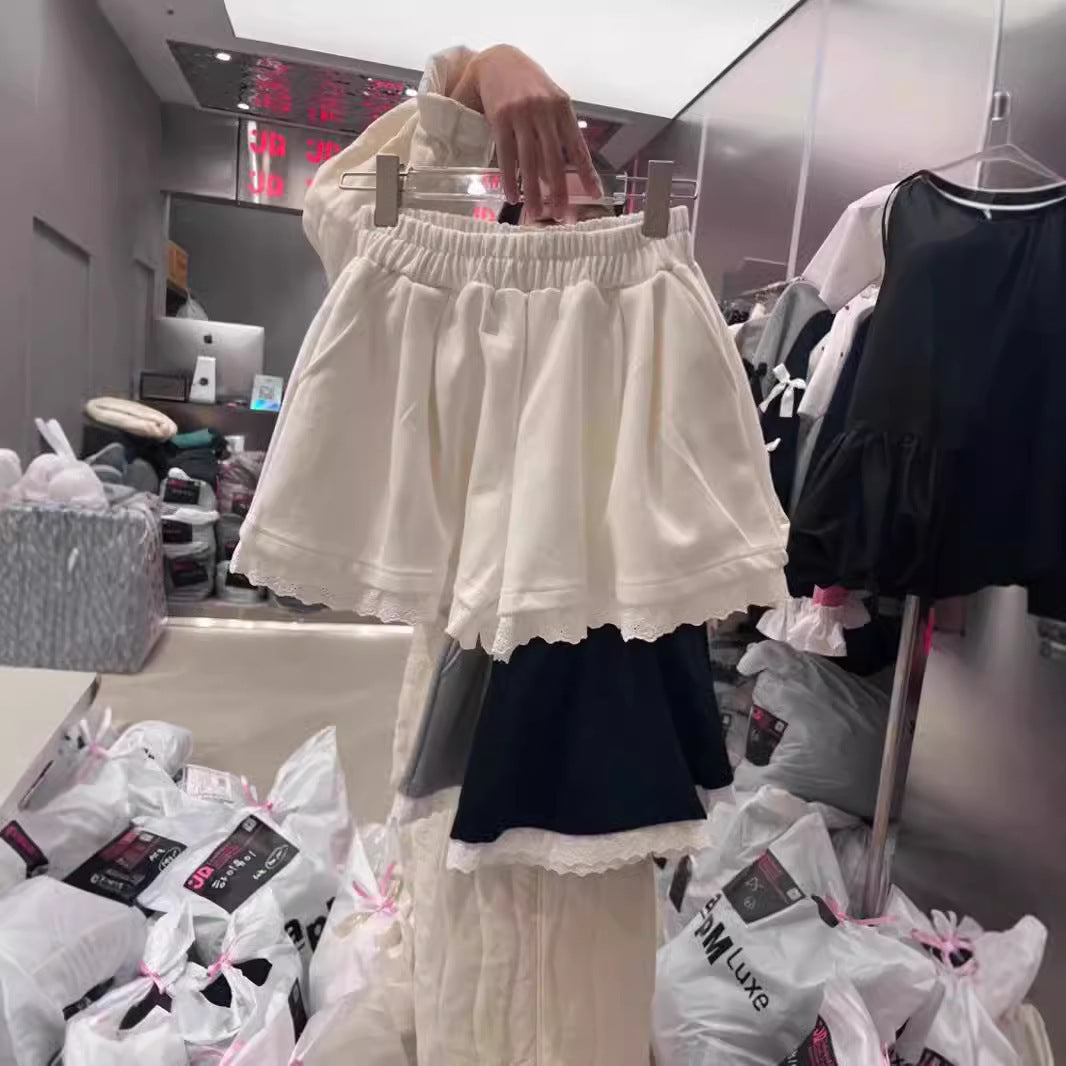 Lace Edge Stitching Elastic High Waist Wide Leg Pants
