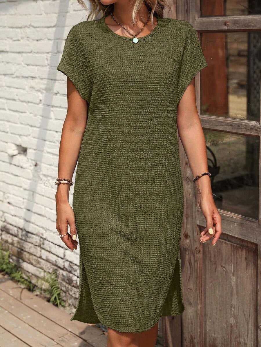 New Solid Color Casual Loose Waffle Dress Women