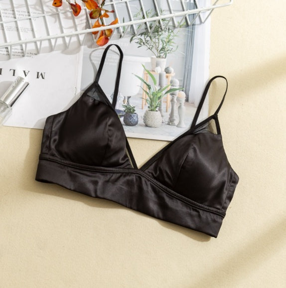 Silk Unwired Bra Glossy Satin Lingerie Thin With Chest Pad