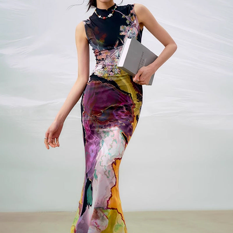New Chinese Style Front And Back Wearable Contrast Color Cheongsam Dress