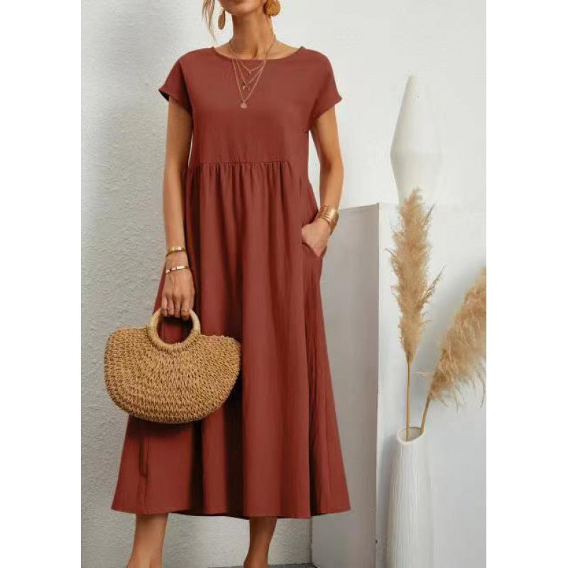 Solid Color Short Sleeved Loose Cotton And Linen Dress With Pockets