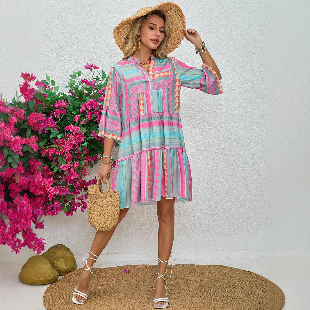Spring And Autumn Print V-neck Dress