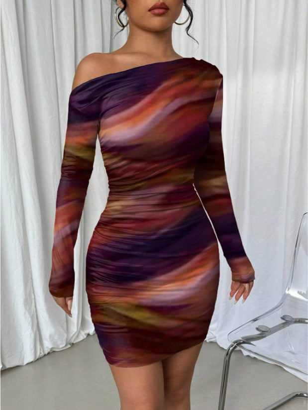 Pleated Slim Fit Long Sleeve Narrow Diagonal Collar Dress Women's Clothing