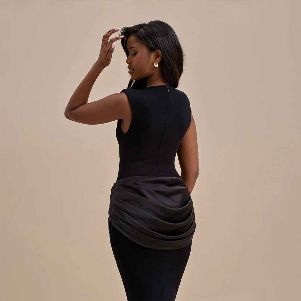 Elegant Slim Sleeveless Pleated Solid Color Dress