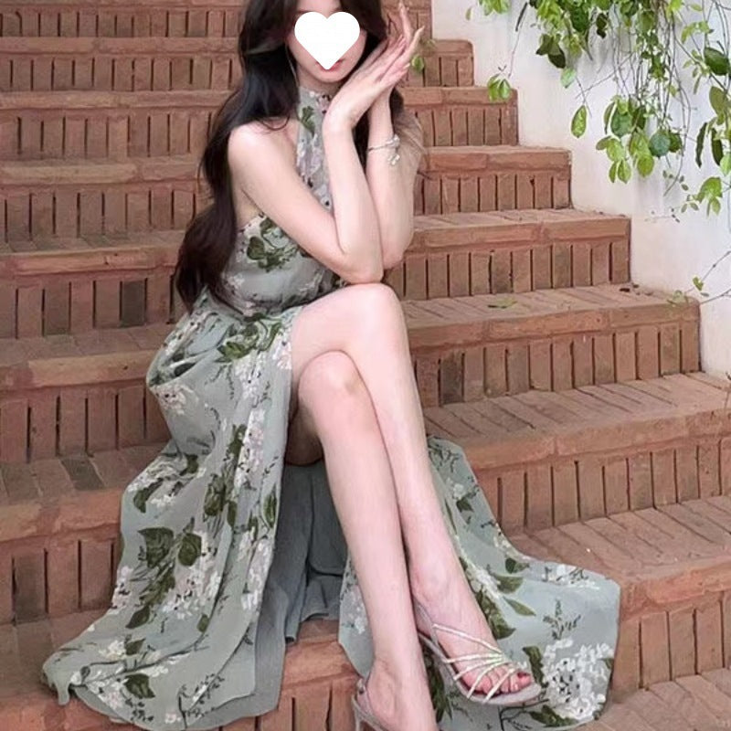 Summer Sleeveless Elegant Waist Trimming Printing Skirt