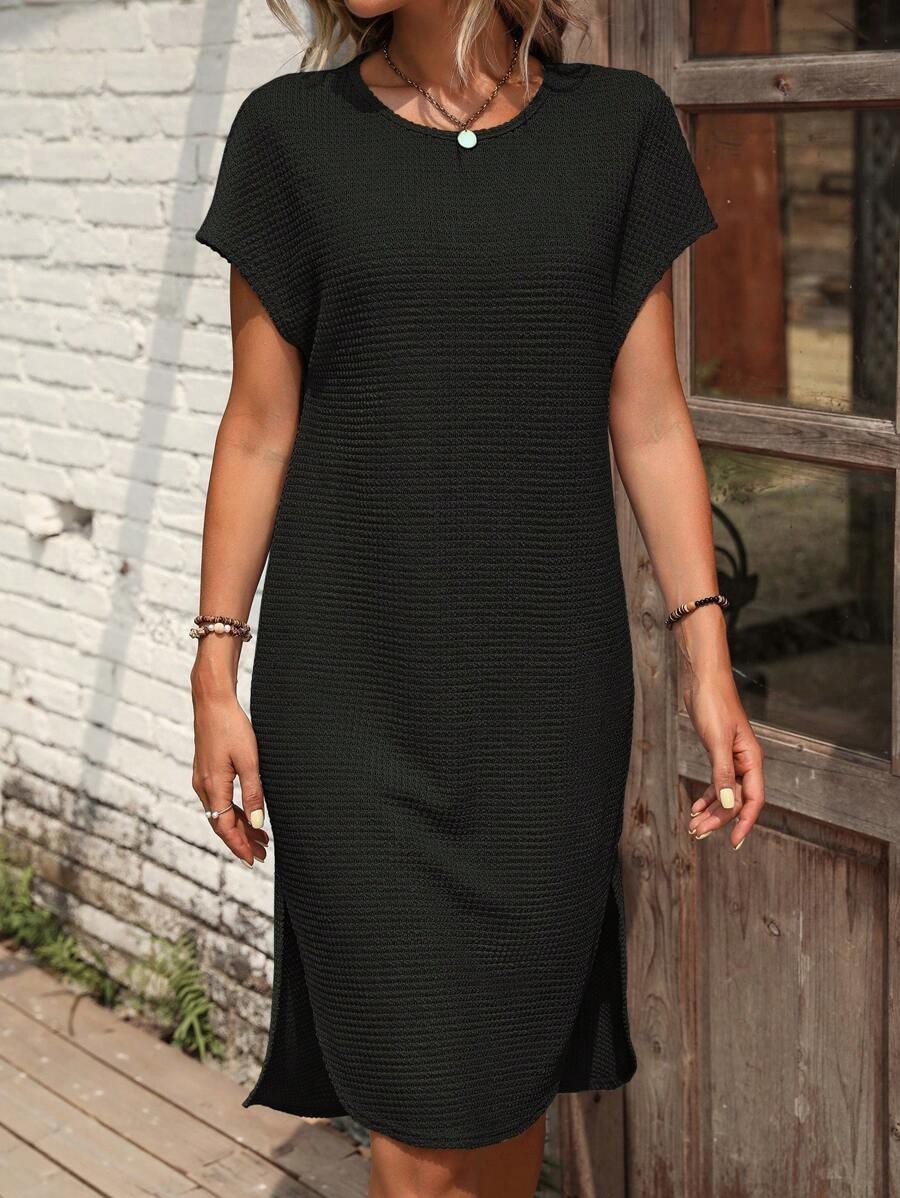 New Solid Color Casual Loose Waffle Dress Women