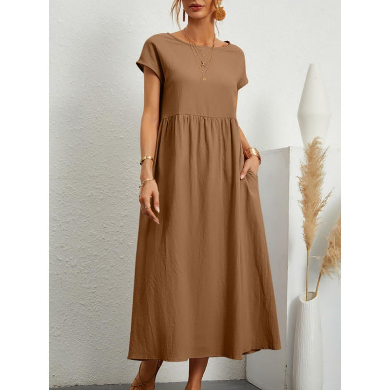 Solid Color Short Sleeved Loose Cotton And Linen Dress With Pockets