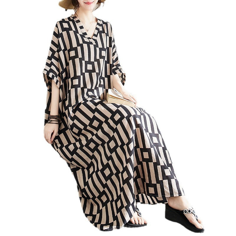 Ethnic Style V-neck Printed Striped Dress Women