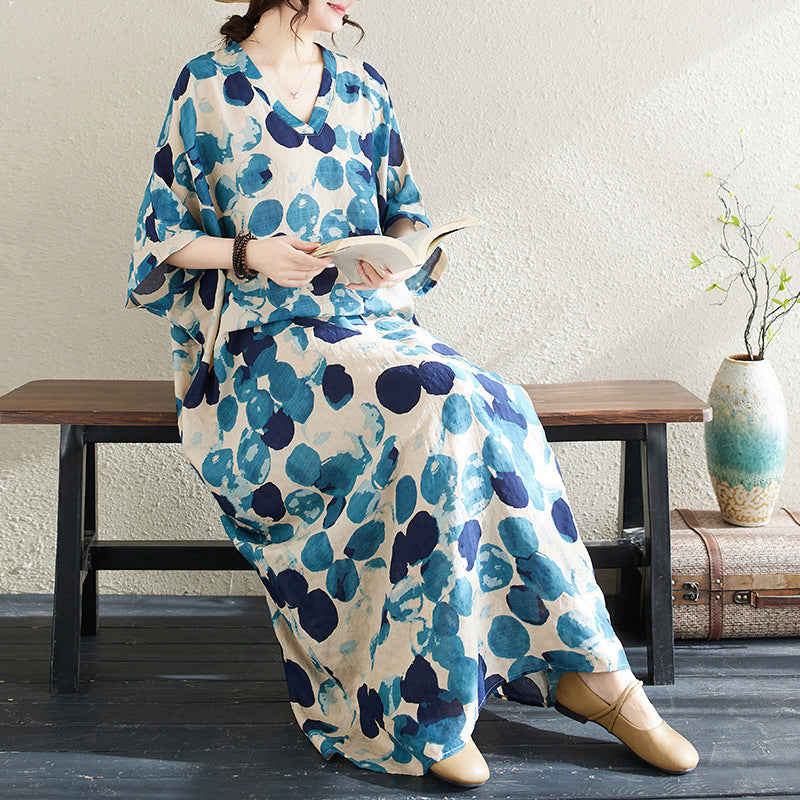 Ethnic Style V-neck Printed Striped Dress Women