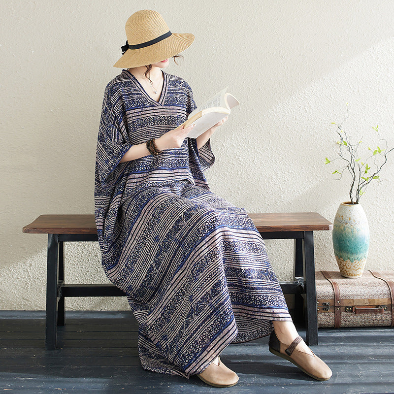 Ethnic Style V-neck Printed Striped Dress Women