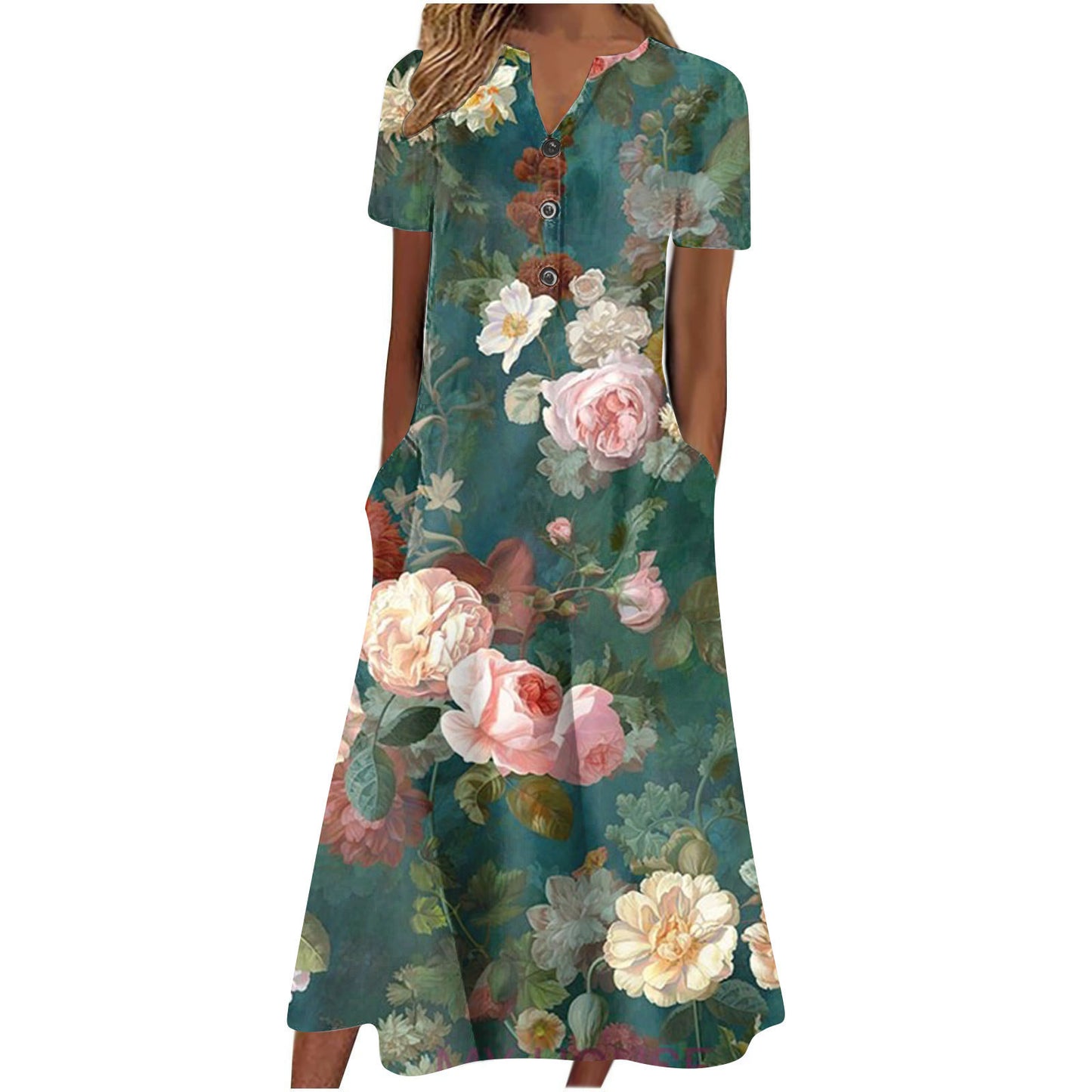 Women Summer Casual Short Sleeved Long Midi Plain Dresses With Pockets