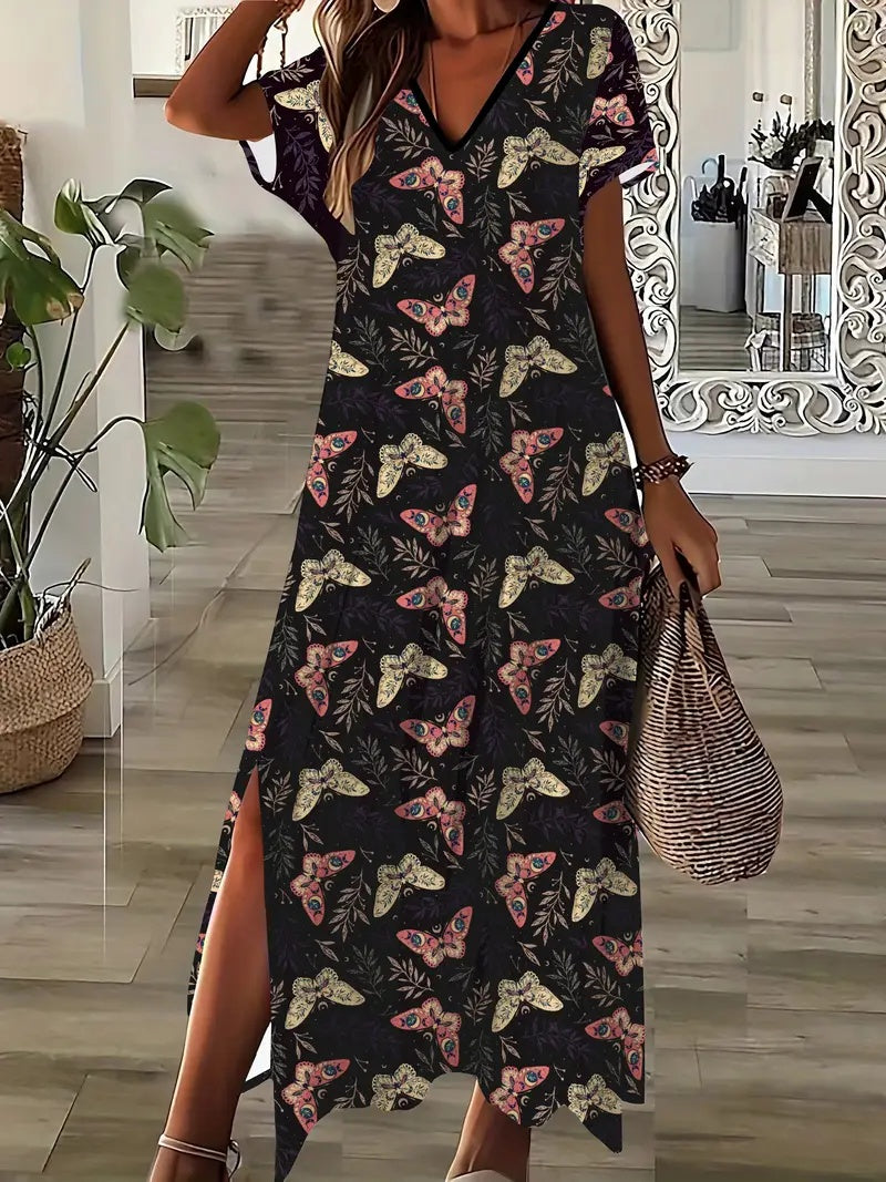 Elegant Floral Print V-Neck Dress For Women