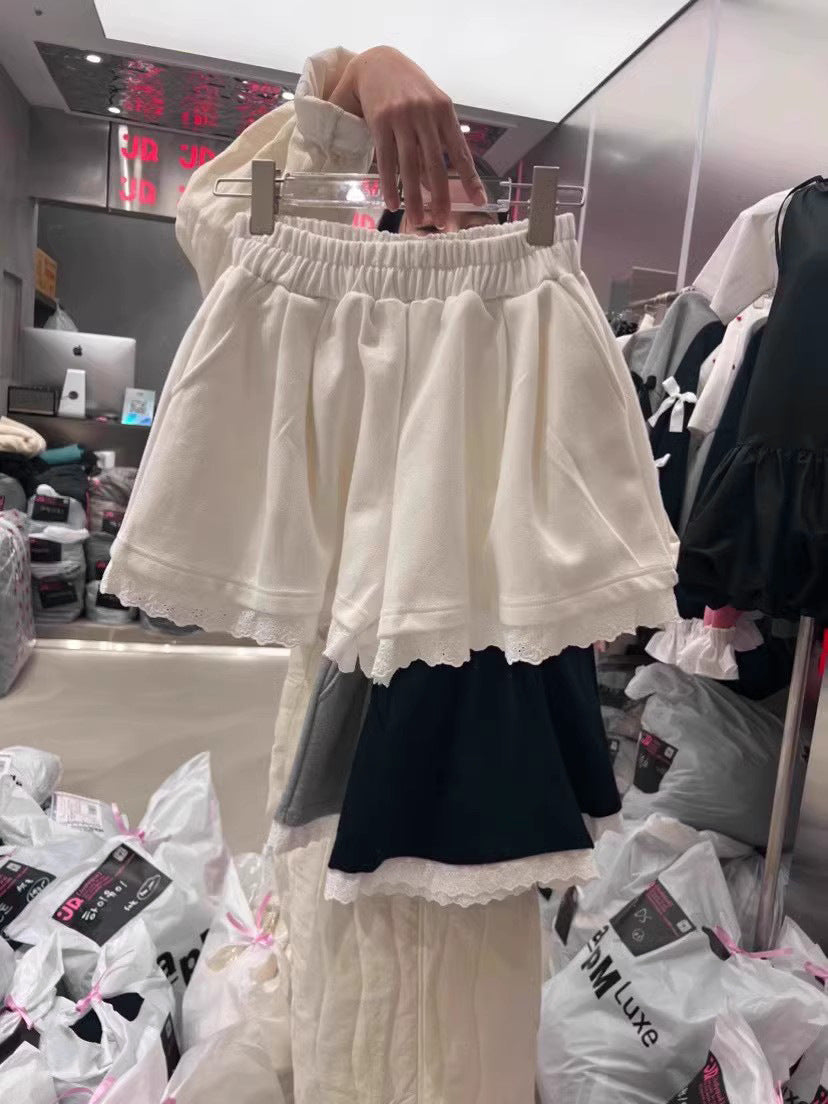 Lace Edge Stitching Elastic High Waist Wide Leg Pants