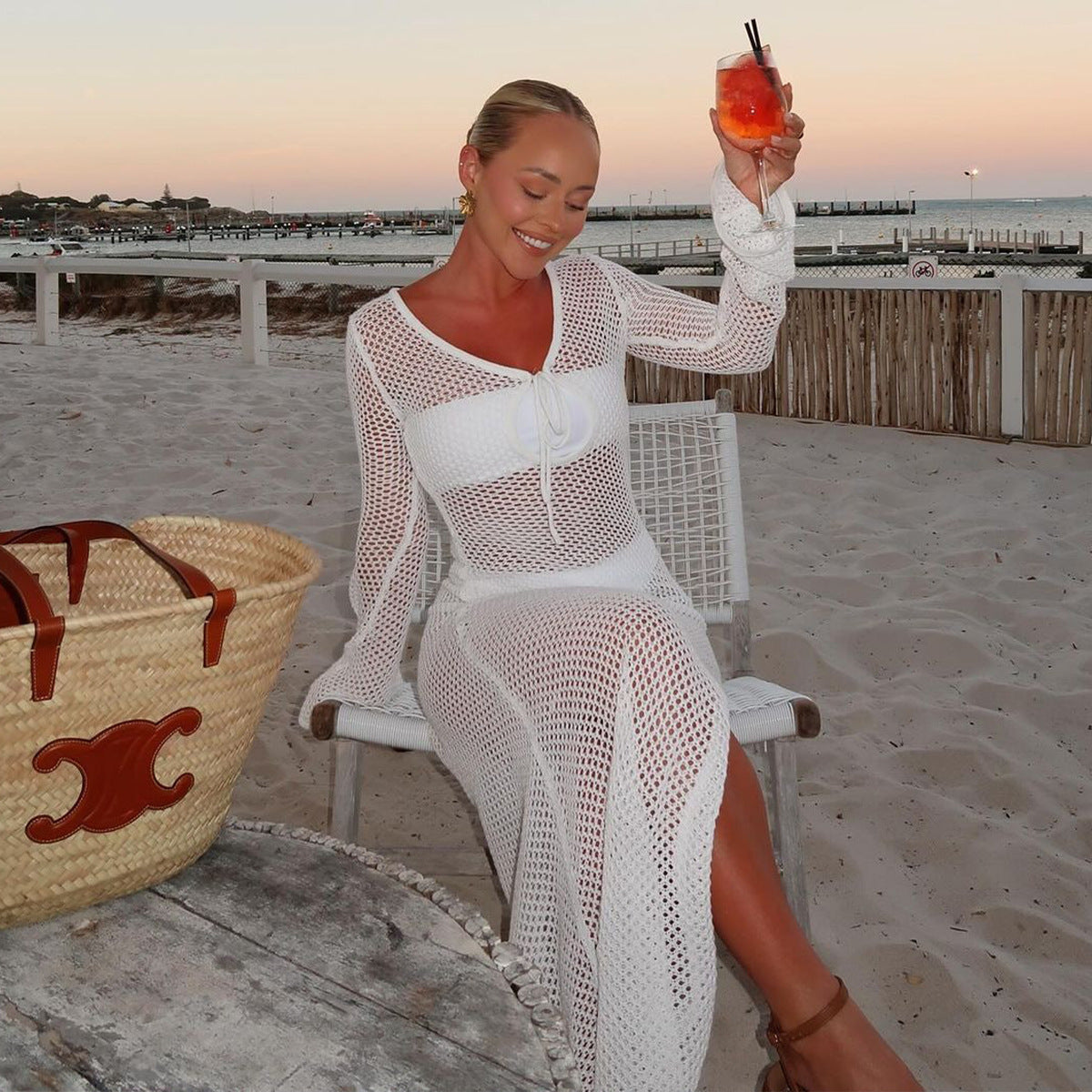 Beach Sun Protection Dress Knitted Hollow Out See-through Women