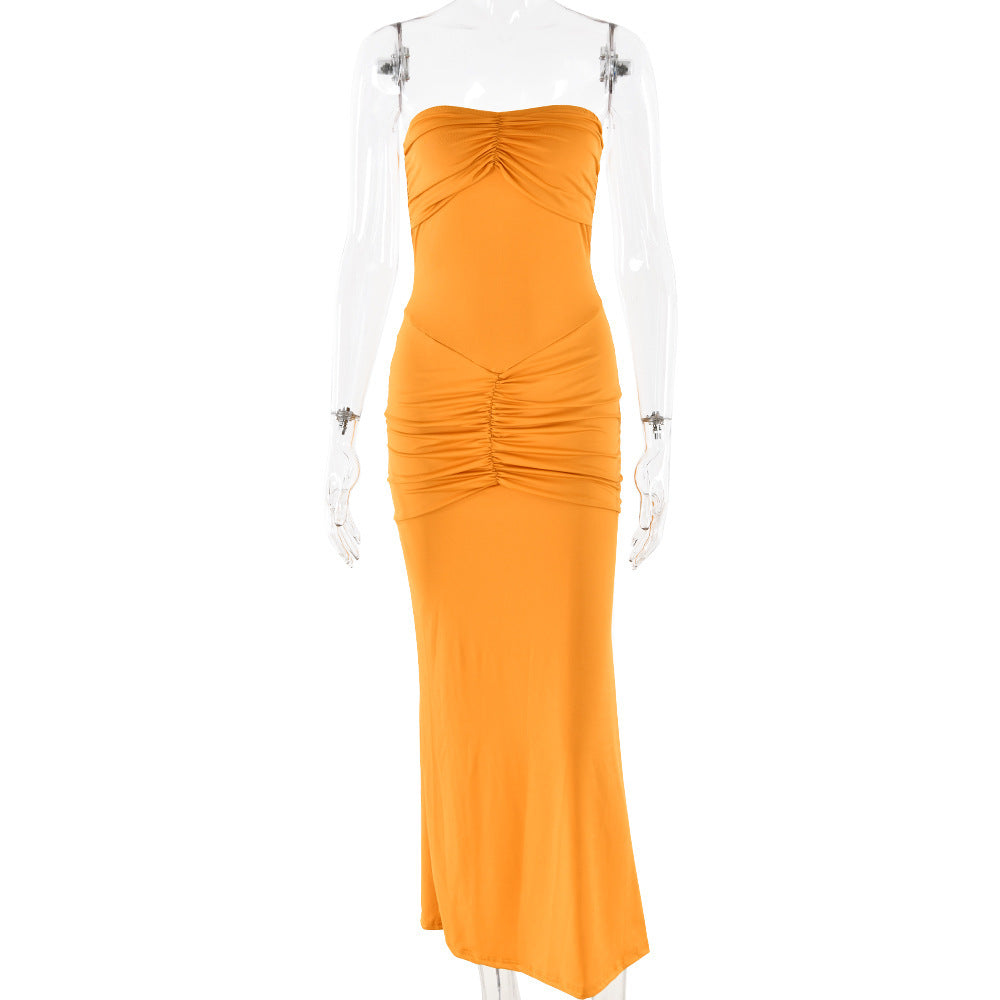 European And American Sexy Tight Strapless Backless Pleated Solid Color Dress