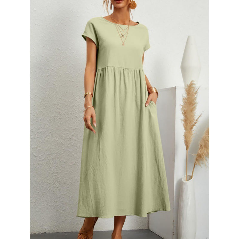 Solid Color Short Sleeved Loose Cotton And Linen Dress With Pockets