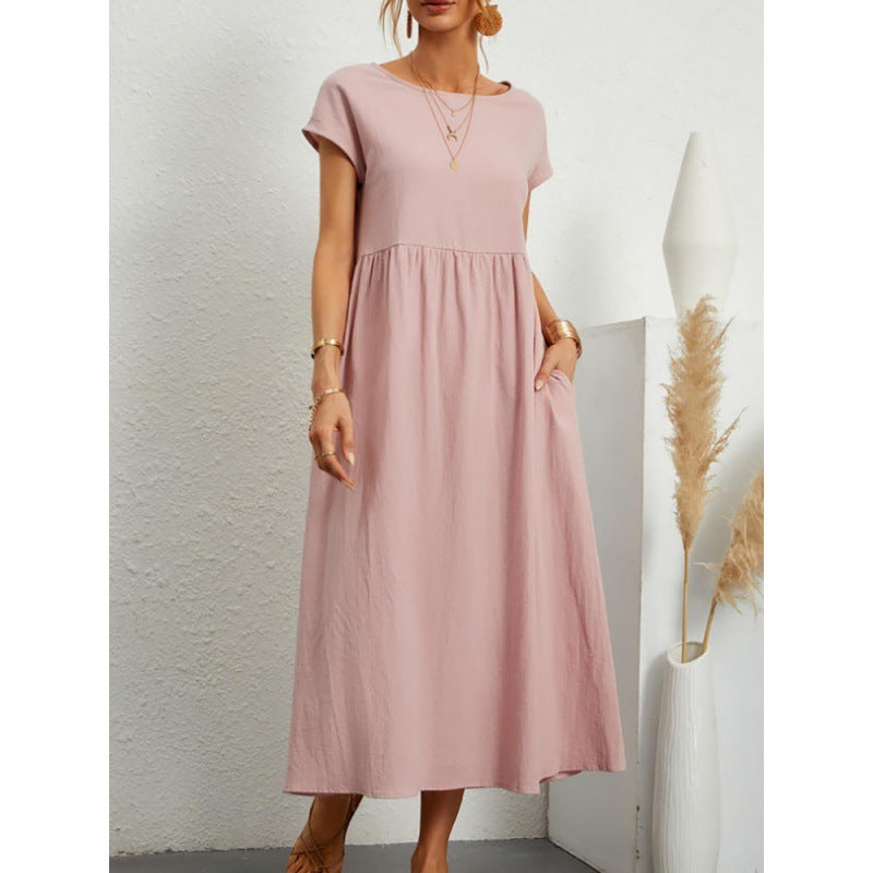 Solid Color Short Sleeved Loose Cotton And Linen Dress With Pockets