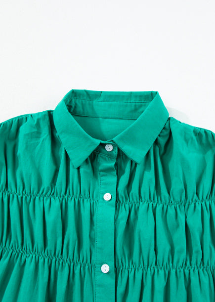 Bright Green Shirred Ruffle Sleeve Button Up Short Dress