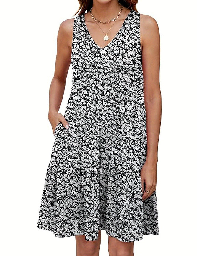 Casual V-neck Layered Pleated Sleeveless Vest Dress