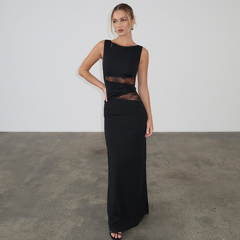 Women's Solid Color Translucent Hollow Lace Twisted Belt Dress