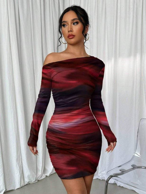 Pleated Slim Fit Long Sleeve Narrow Diagonal Collar Dress Women's Clothing