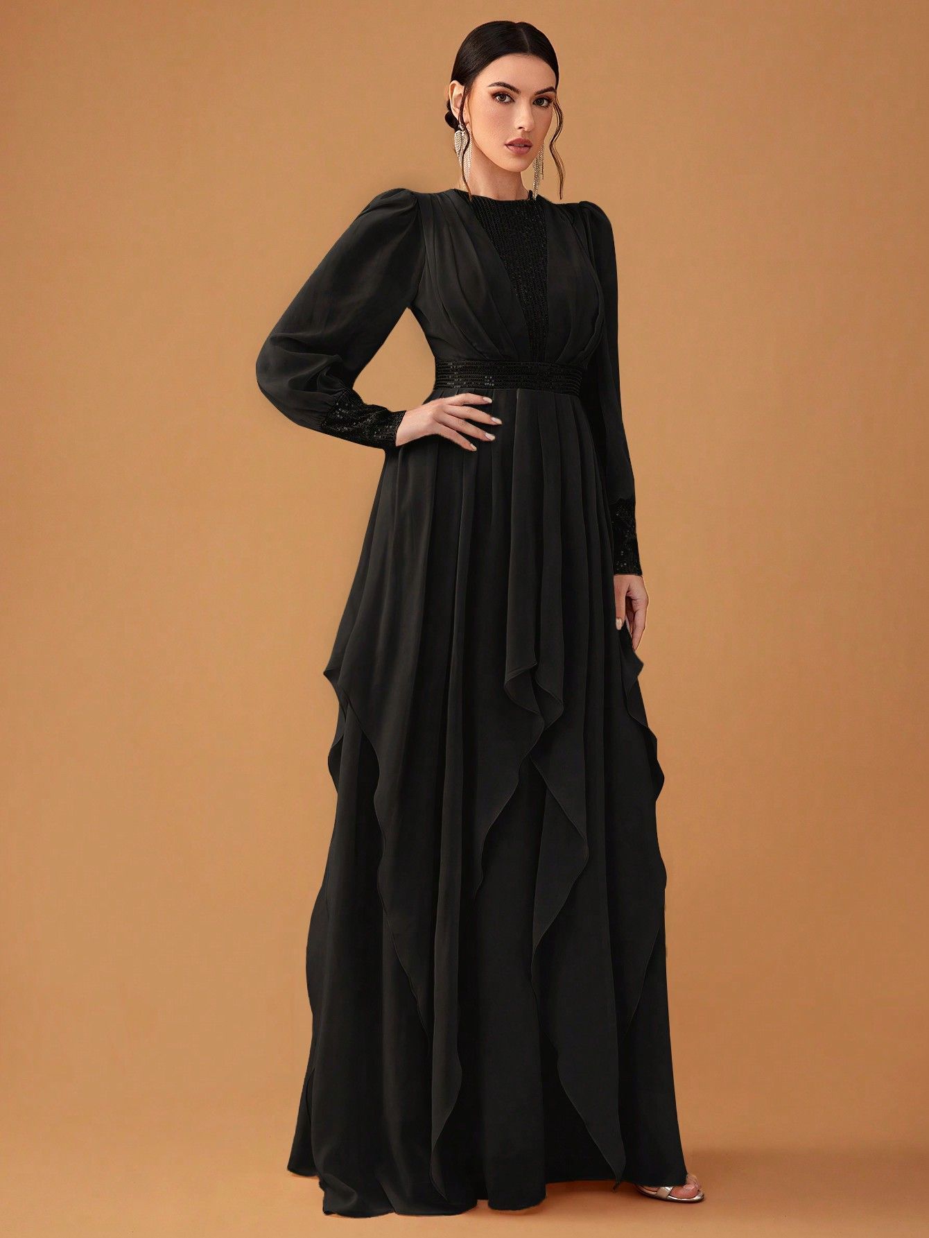 Women's Elegant Chiffon Sequined Lantern Sleeve Dress
