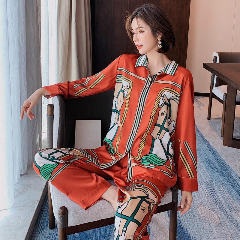 Pajamas Women Ice Silk Fashion Tide Brand Cardigan Casual Long-sleeved Home Service Suit Silk