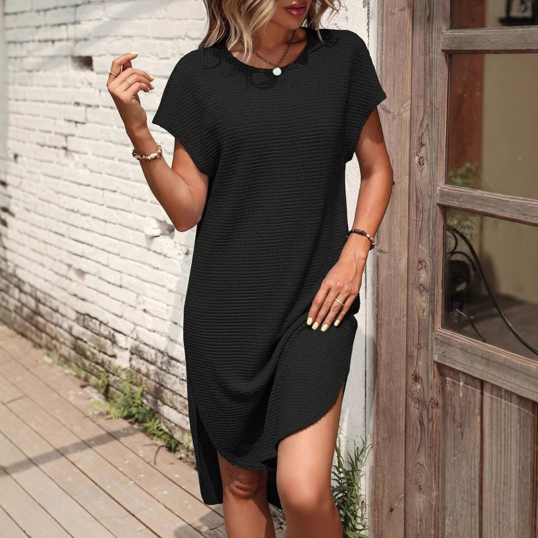 New Solid Color Casual Loose Waffle Dress Women