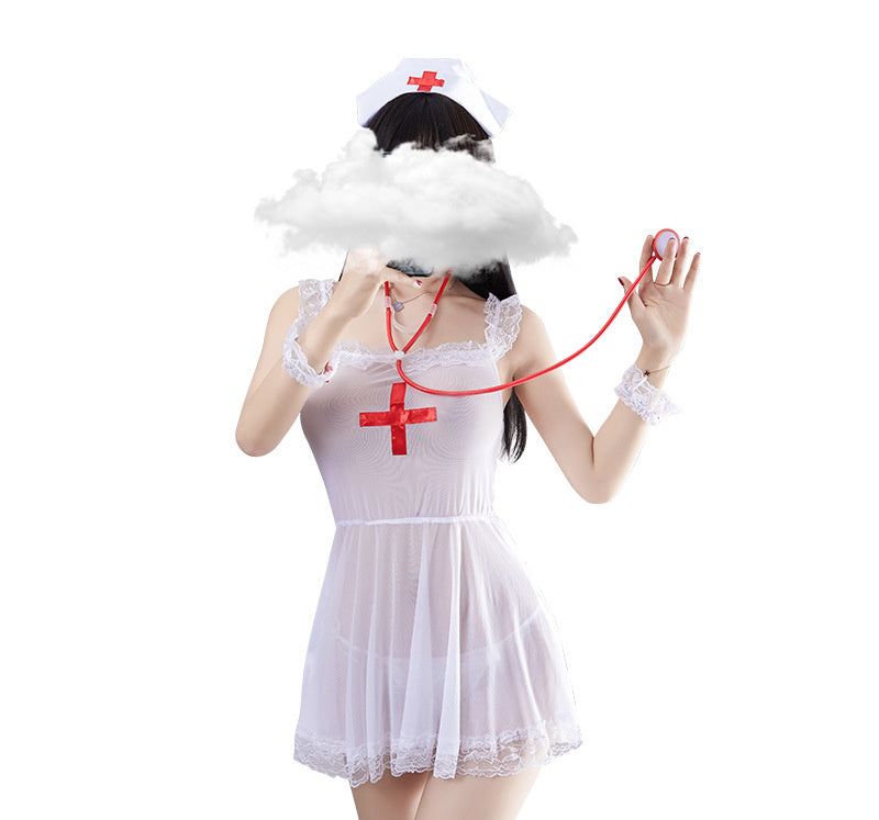 Erotic Lingerie Nurse Uniform Transparent Mesh Nightdress