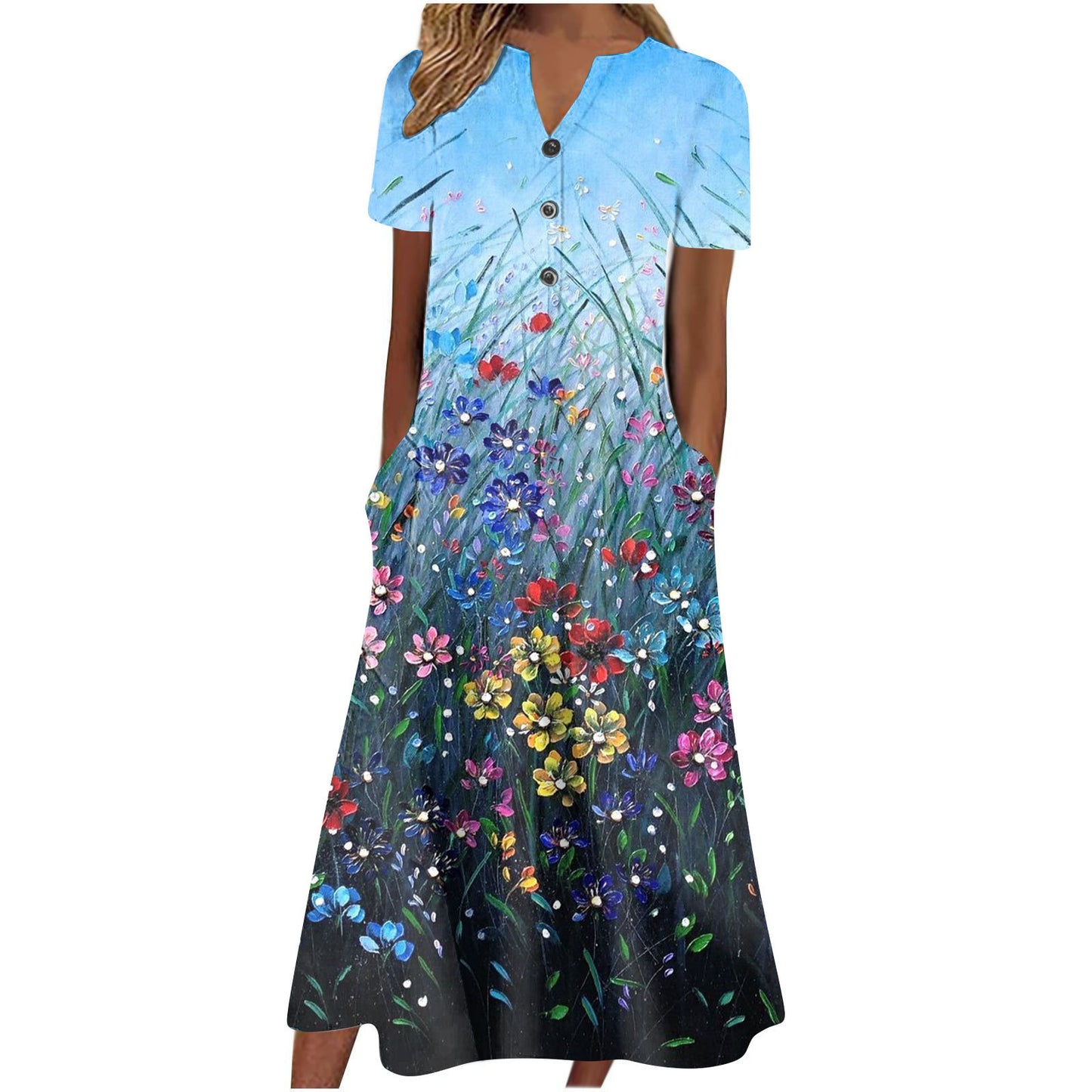 Women Summer Casual Short Sleeved Long Midi Plain Dresses With Pockets