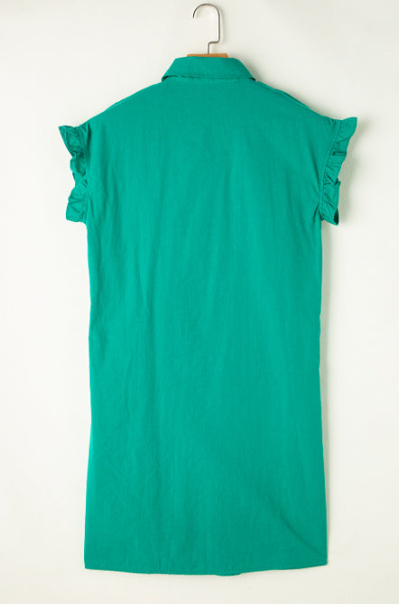 Bright Green Shirred Ruffle Sleeve Button Up Short Dress