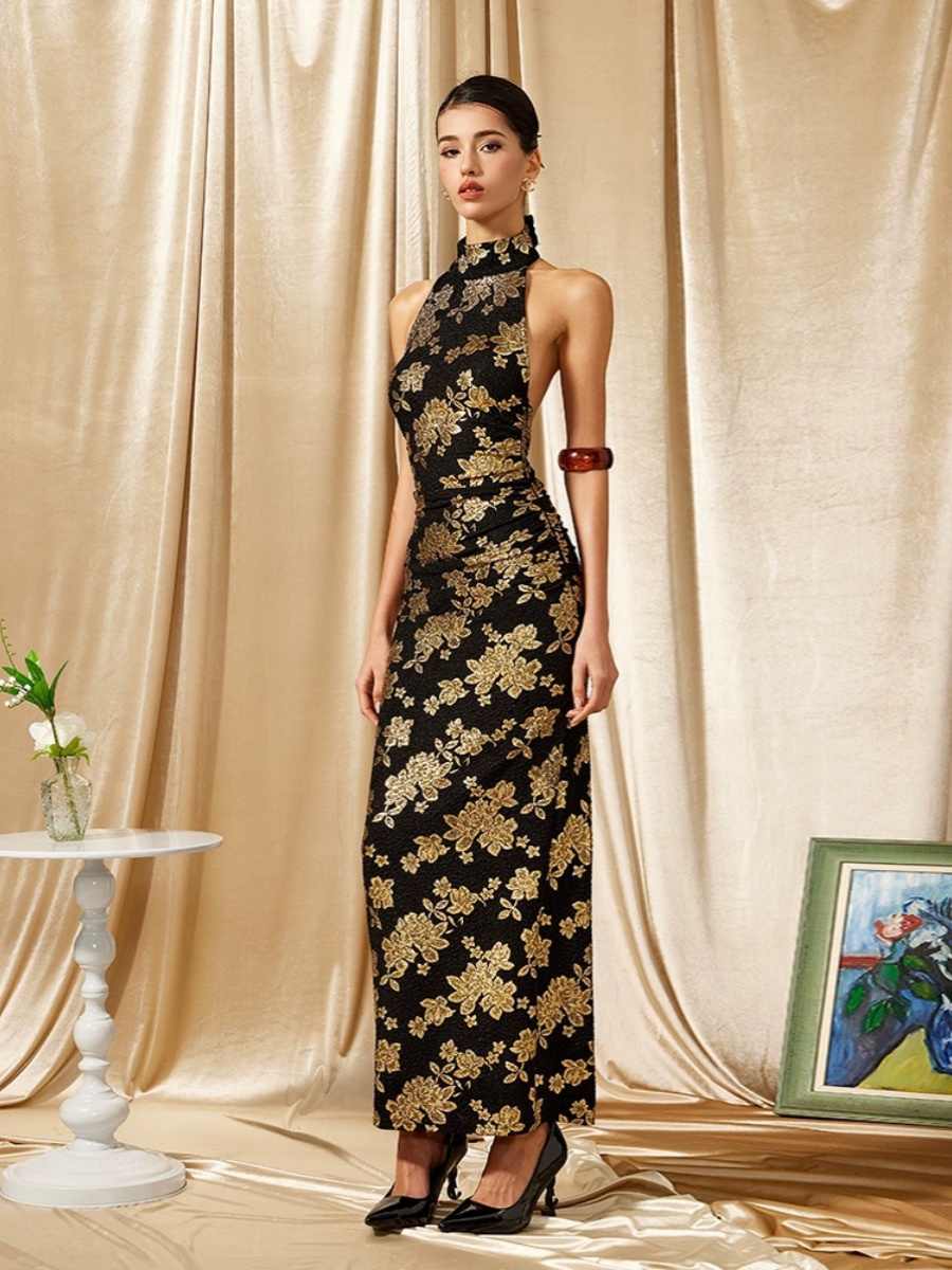 New Chinese Cheongsam Gilded Evening Gown Halter Dress