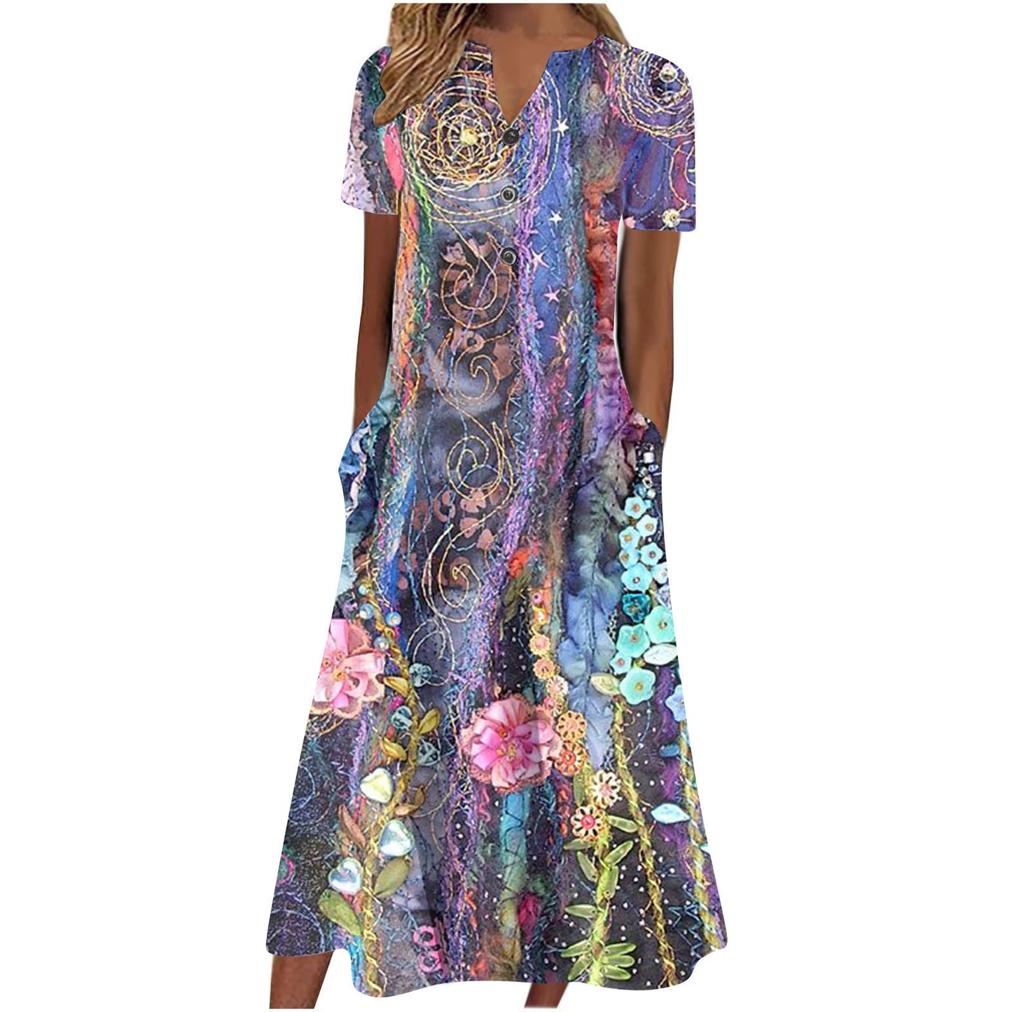 Women Summer Casual Short Sleeved Long Midi Plain Dresses With Pockets