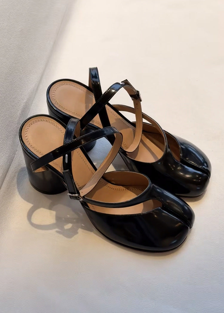 Niche Split Toe Women's Chunky Heel Cross Lace-up Shoes