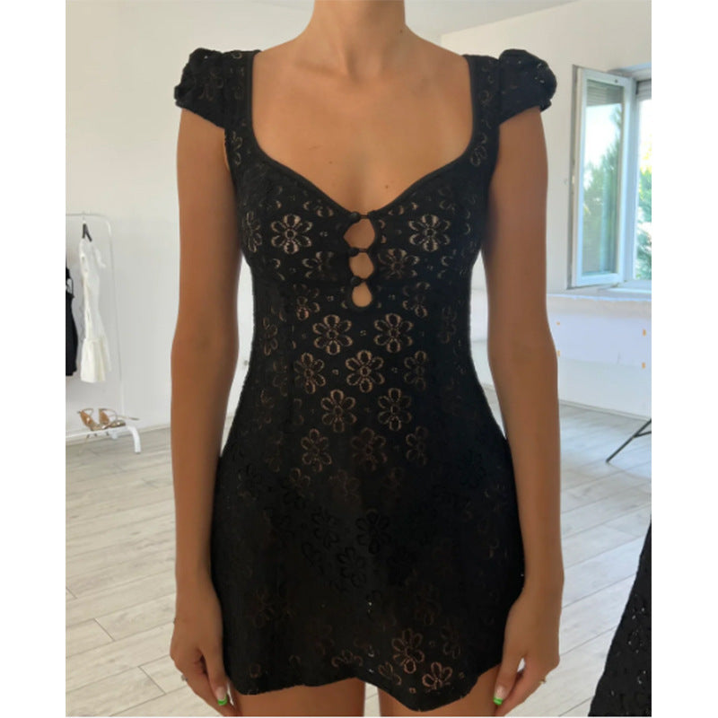 V-neck Short Sleeve Hollow-out Short Dress