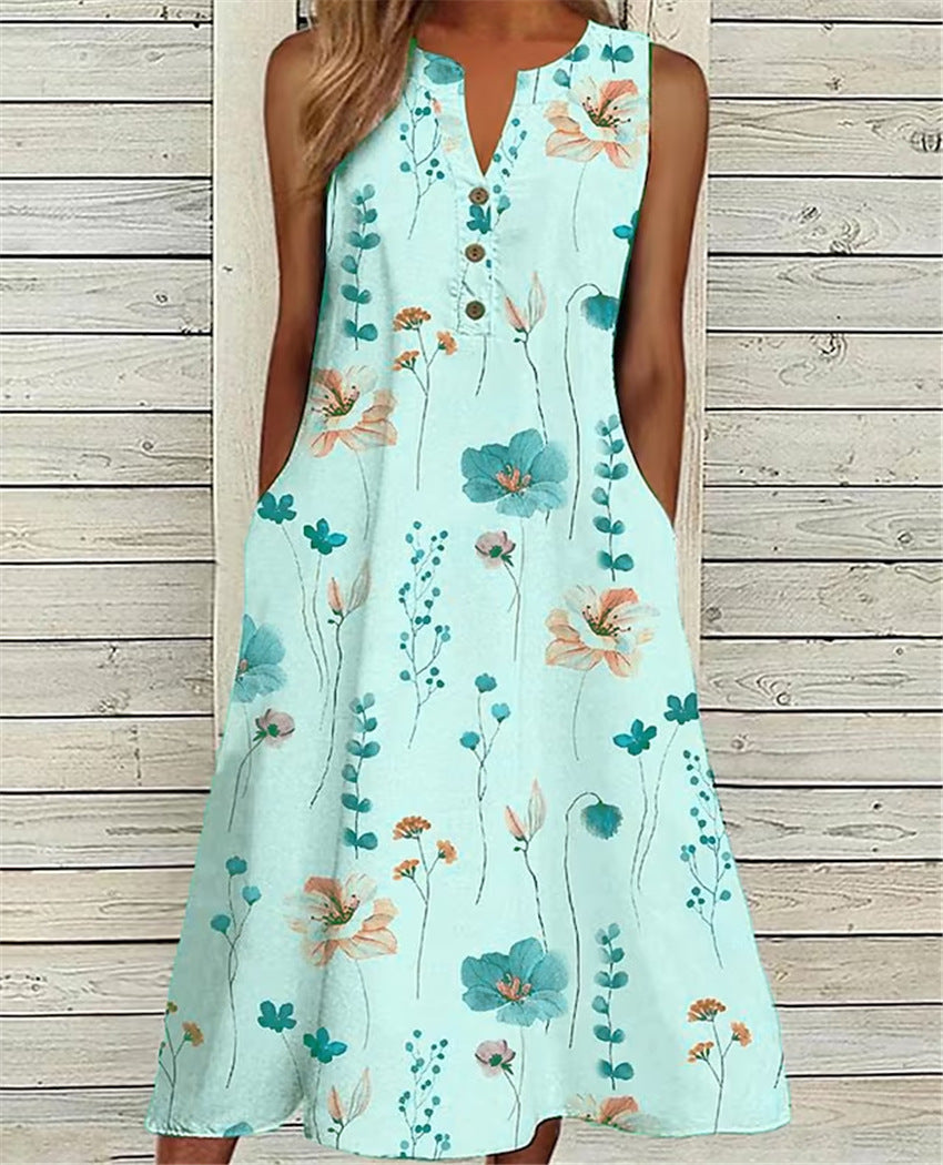 Summer V-neck Casual Printed Long A- Line Skirt