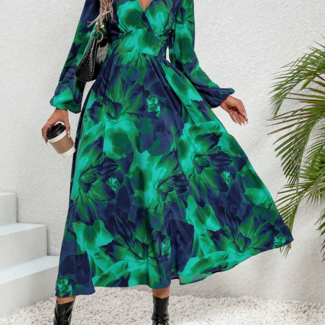 Women's SpringSummer Temperament Waist-controlled V-neck Print Dress