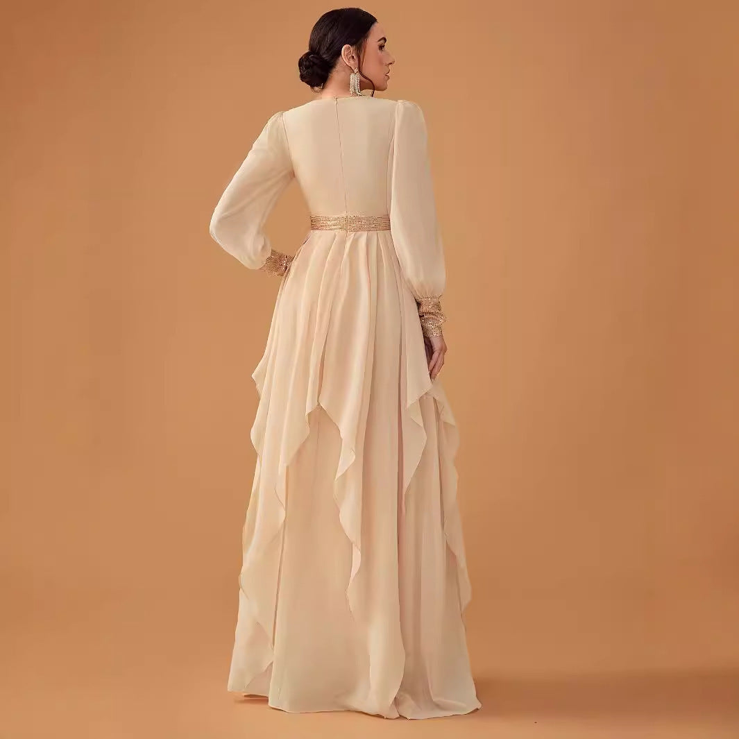 Women's Elegant Chiffon Sequined Lantern Sleeve Dress