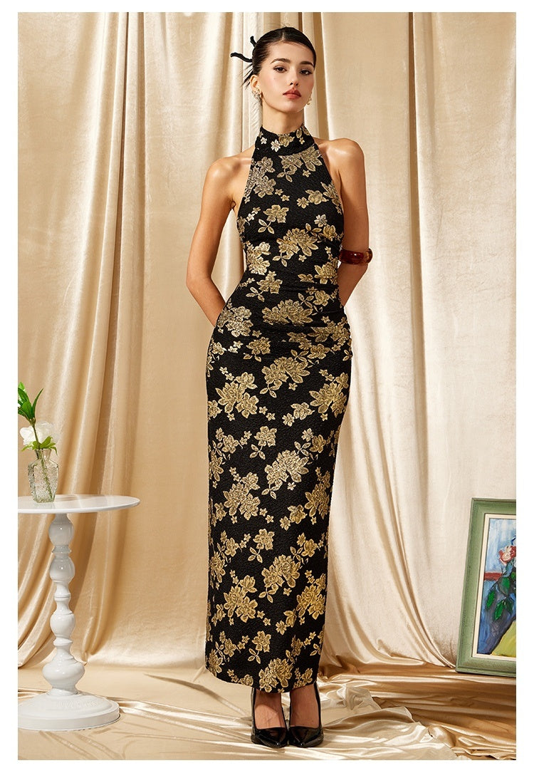 New Chinese Cheongsam Gilded Evening Gown Halter Dress