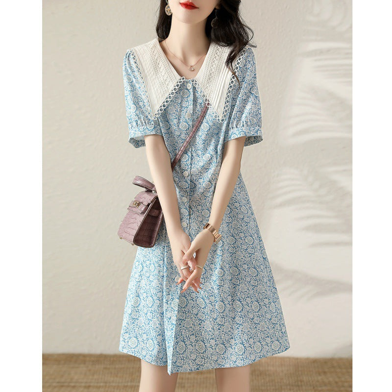 Summer New Fashion Temperament Waist-controlled Slimming Lapel Puff Sleeve Dress