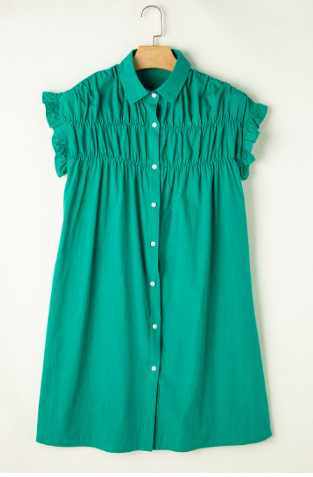 Bright Green Shirred Ruffle Sleeve Button Up Short Dress