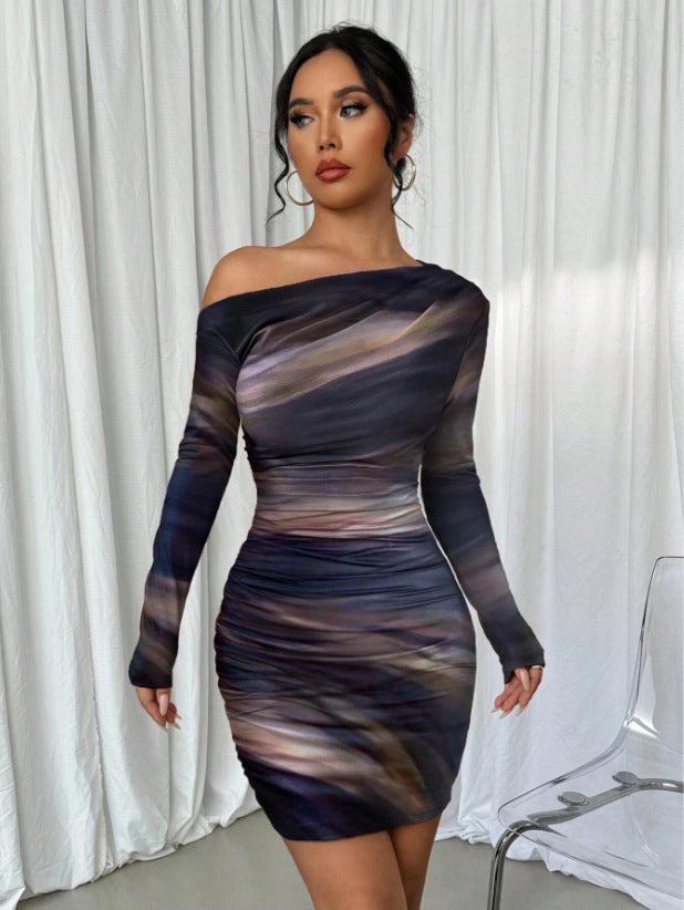 Pleated Slim Fit Long Sleeve Narrow Diagonal Collar Dress Women's Clothing
