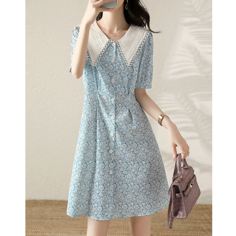 Summer New Fashion Temperament Waist-controlled Slimming Lapel Puff Sleeve Dress